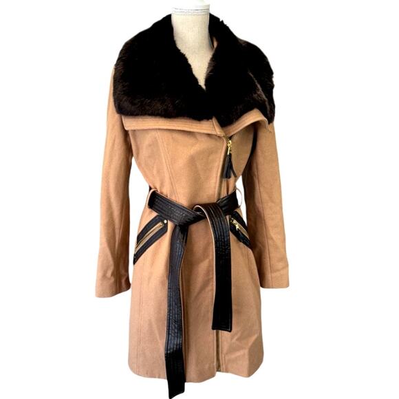 "VIA SPIGA" Stunning Wool Coat, Faux Fur Trim, Asymmetrical Zipper,Belted,8 - Picture 1 of 16